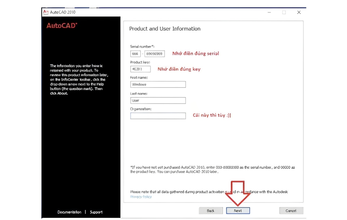 Hướng dẫn tải AutoCAD 2010 miễn phí bằng Link Google Drive 8 Màn hình yêu cầu nhập thông tin đăng ký AutoCAD 2010