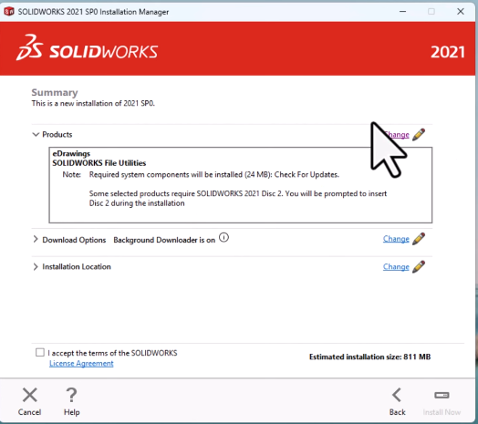 Chọn các thành phần SolidWorks cần cài