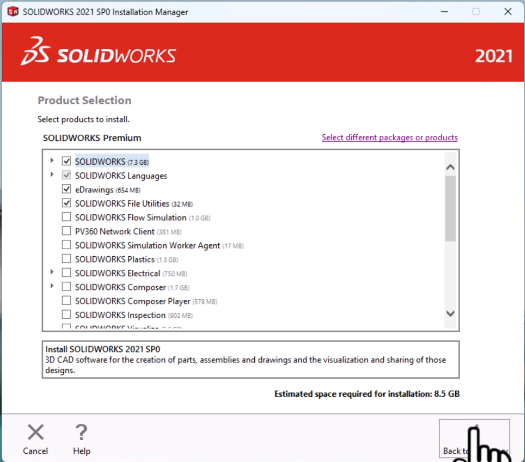 Chọn các thành phần SolidWorks cần cài