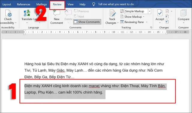 Tô đen đoạn văn và chọn Review