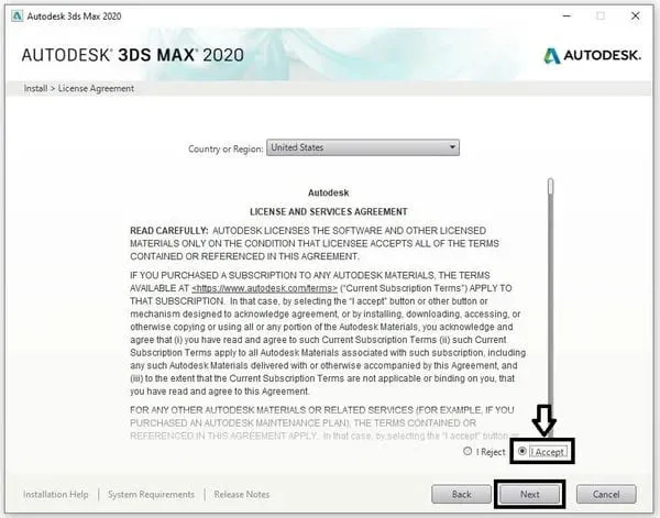 Hướng Dẫn Chi Tiết Cách Tải Và Cài Đặt Phần Mềm 3DS Max 2020 4 Tick vào I Accept