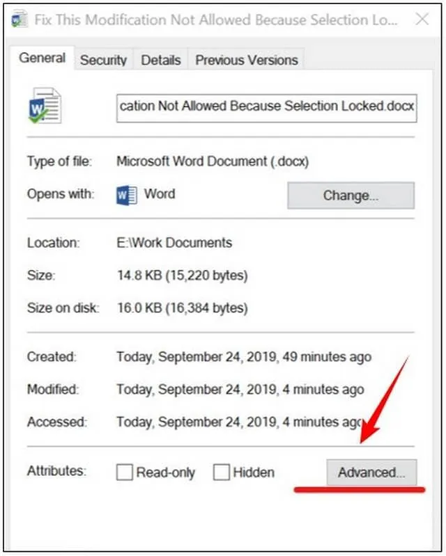 Cách khắc phục lỗi Word bị khóa không cho soạn thảo 5 Click chọn ngay Advanced