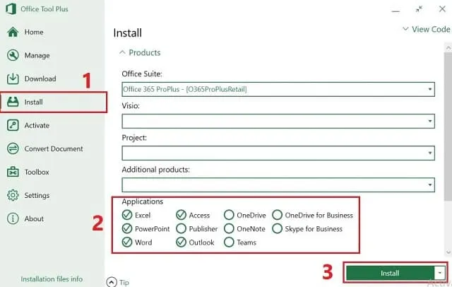 Hướng dẫn tải và cài đặt phần mềm Office 2020 miễn phí 7 Bấm chọn Install và đánh dấu tích vào phần mềm muốn tích hợp vào máy tính