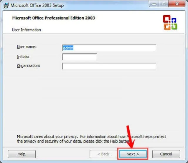 Hướng dẫn tải và cài đặt Office 2003 hoàn toàn miễn phí 7 Chỉnh sửa tên người dùng rồi chọn Next