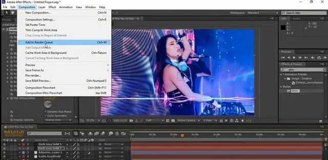 Chọn Composition -> Add to Render Queue