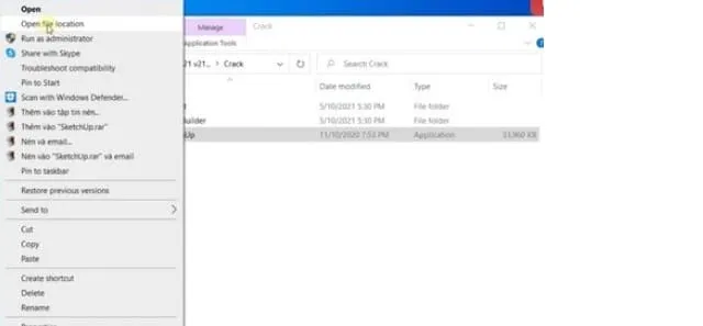 Hướng dẫn tải và cài đặt Sketchup 2021 - Đã test thành công 10 Chọn Open file location khi click chuột phải vào file cần copy