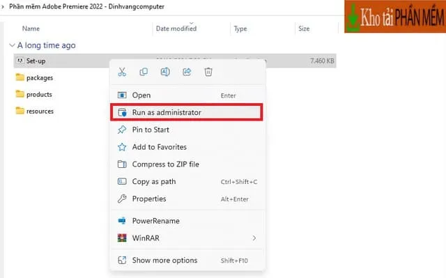 Hướng dẫn tải và cài đặt Adobe Premiere Pro 2022 miễn phí 4 Chọn chuột phải rồi bấm “Run as administrator”