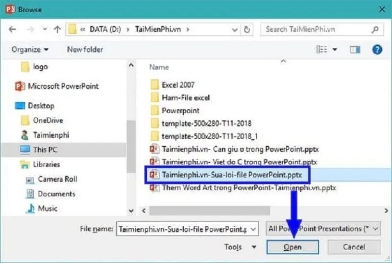 Hướng dẫn sửa lỗi không trình chiếu được slide Powerpoint 17 Chọn file PowerPoint bị lỗi rồi nhấn Open