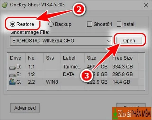 Onekey Ghost: Ghost Win 10 và Win 11 nhanh chóng 10 Chọn mục “Restore” rồi bấm “Open”