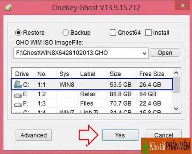 Onekey Ghost: Ghost Win 10 và Win 11 nhanh chóng 7 Chọn ổ C và bấm “Yes”