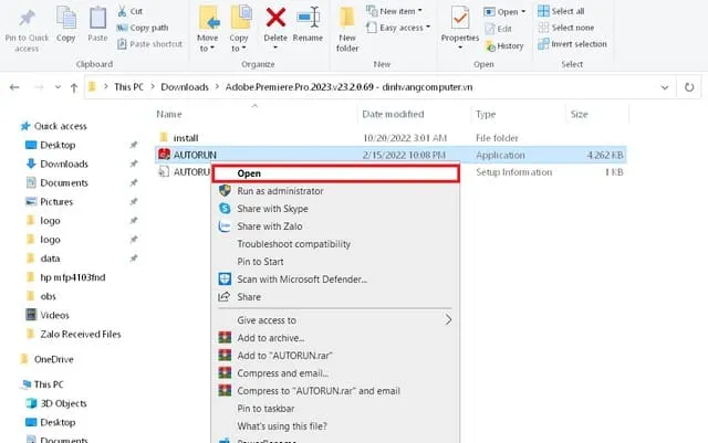 Chi tiết A-Z cách cài đặt phần mềm Adobe Premiere Pro 2023 3 Chọn vào file phần mềm vừa tải về để giải nén