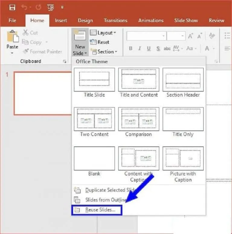 Hướng dẫn sửa lỗi không trình chiếu được slide Powerpoint 15 Click chọn Reuse Slides