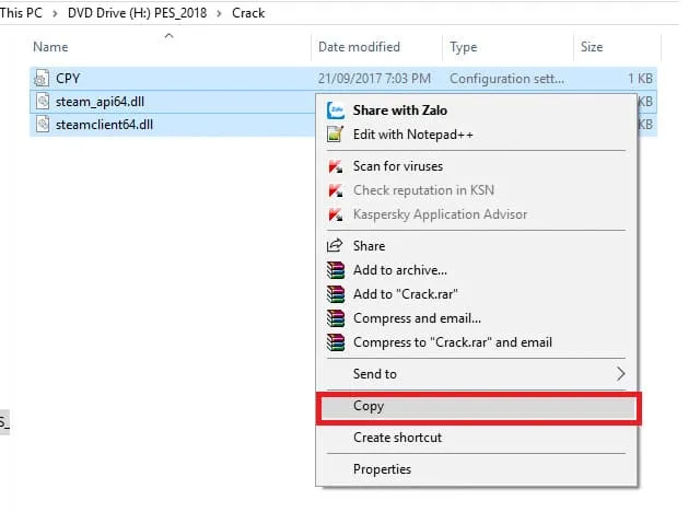 Hướng dẫn tải và cài đặt Pes 2018 vĩnh viễn - Link GG Drive 7 Copy files có trong thư mục Crack