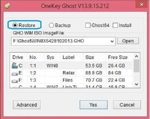 Chia sẻ 2 cách Ghost Win 10 cực đơn giản và hiệu quả 4 Đánh dấu tích vào Restore trong hộp thoại OneKeyGhost