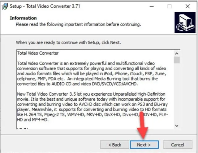 Hướng dẫn tải và cài đặt Total Video Converter đúng cách 4 Đọc thông tin các điều khoản và tiếp tục cài đặt bằng cách chọn Next