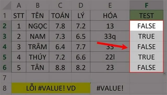 Hướng dẫn cách sửa lỗi VALUE trong Excel đơn giản hiệu quả 6 Kéo chuột xuống vị trí cần kiểm tra kết quả