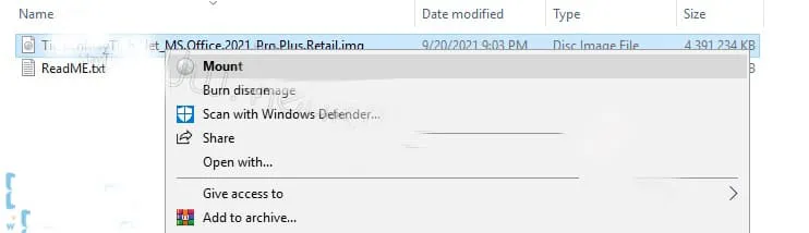 Chia sẻ link tải Office 2021 mới nhất - Link Google Drive 3 Click chuột phải vào tệp tin bộ cài Office –> Mount
