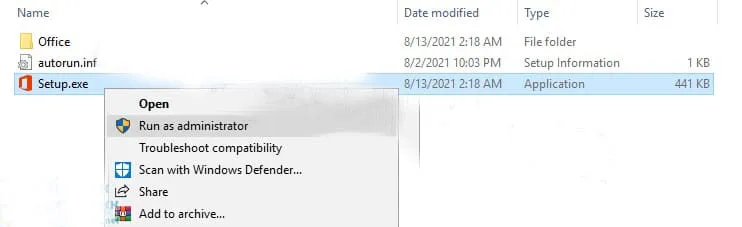 Chia sẻ link tải Office 2021 mới nhất - Link Google Drive 4 Click chuột phải vào tệp tin Setup.exe –> Run as administrator