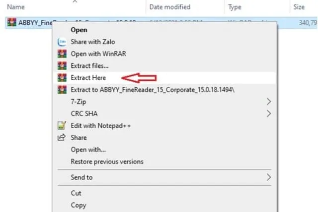 Hướng dẫn cài đặt Abbyy Finereader 15 hoàn toàn miễn phí 3 Nhấn Extract here để giải nén file bằng WinRaR