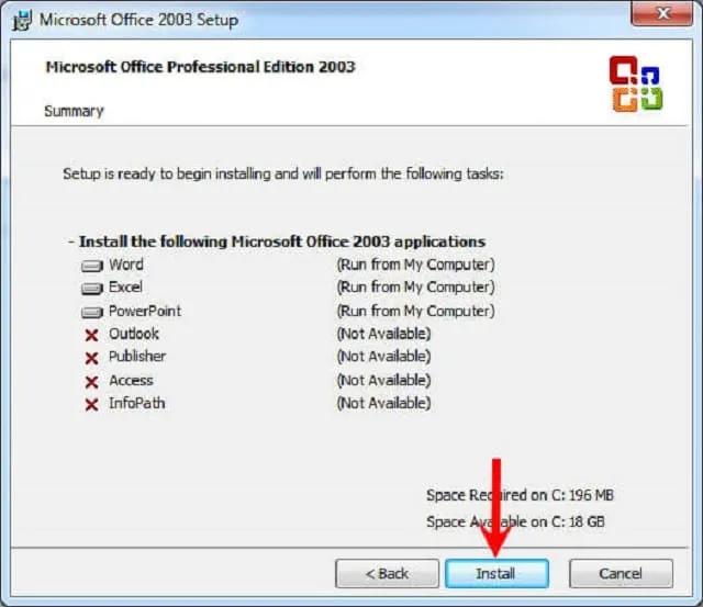 Hướng dẫn tải và cài đặt Office 2003 hoàn toàn miễn phí 11 Nhấn Next rồi tiếp tục chọn Install
