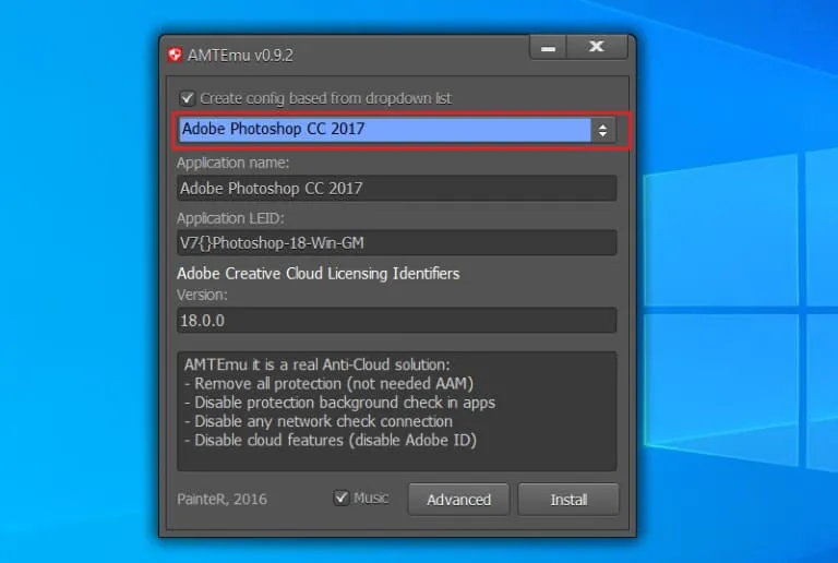 Hướng dẫn cách tải Photoshop CC 2018 bản chuẩn mới nhất 8 chạy file amtemu.v0.9.2-painter và chọn vào Adobe Photoshop CC 2017