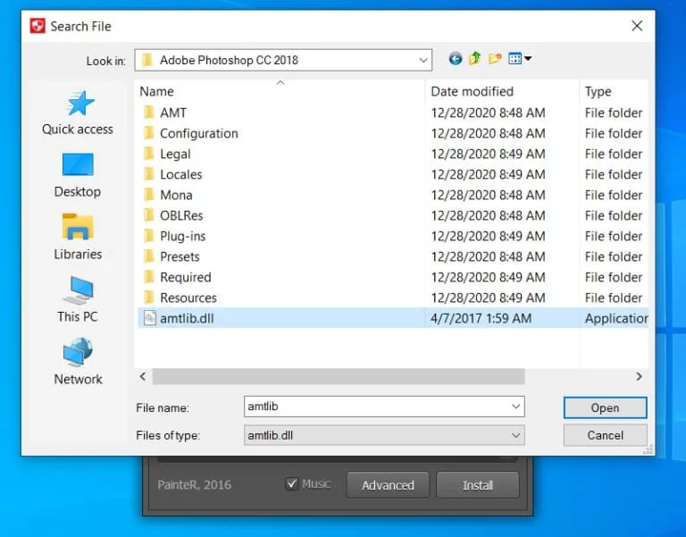 Hướng dẫn cách tải Photoshop CC 2018 bản chuẩn mới nhất 9 Chọn vào file amtlib.dll rồi Open