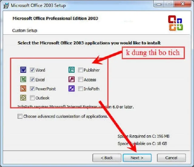 Hướng dẫn tải và cài đặt Office 2003 hoàn toàn miễn phí 10 Tích chọn các công cụ sử dụng trong Office 2003