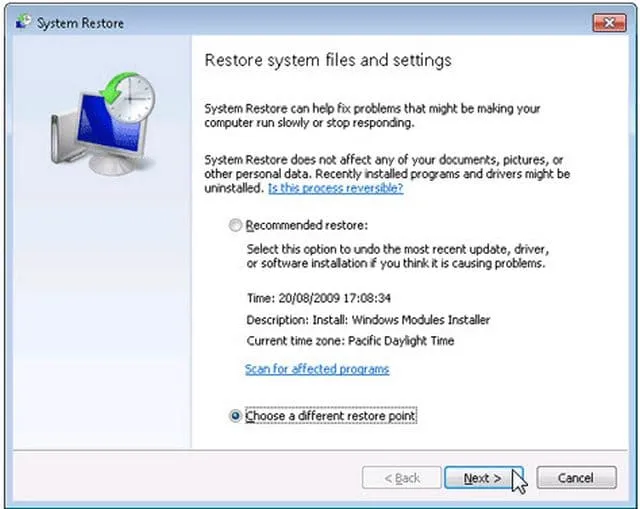 Cách gỡ mathtype trong word 2010 nhanh chi tiết nhất! 6 Tick chọn ô "Choose a different restore point" và bấm Next