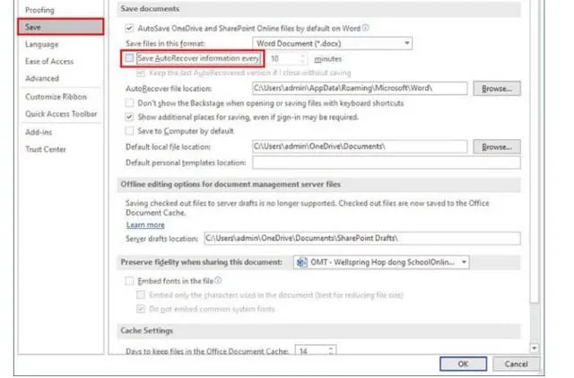 Tick chọn vào ô "Save AutoRecover Information Every" và bấm OK