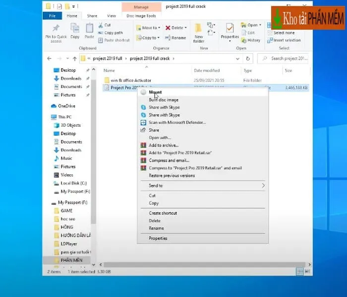 Link tải phần mềm Project 2019 mới nhất kèm hướng dẫn 4 Trỏ chuột phải vào file phần mềm vừa giải nén và chọn “Mount”