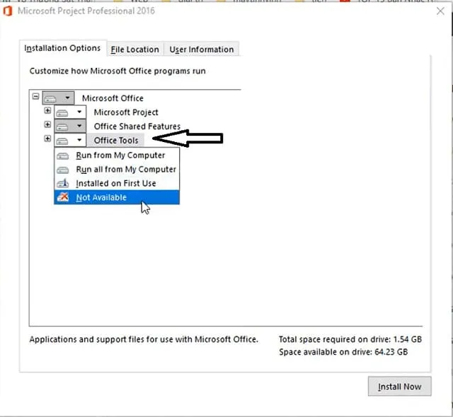 chon lenh not available cho office tools