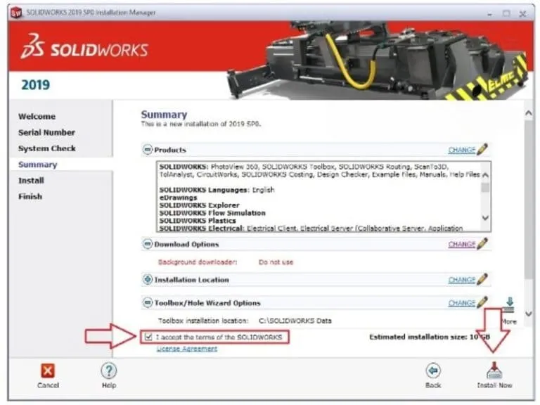 Link tải đầy đủ và hướng dẫn cài Solidworks 2019 - Đã test 12 Ấn Install Now sau khi tick vào I Accept