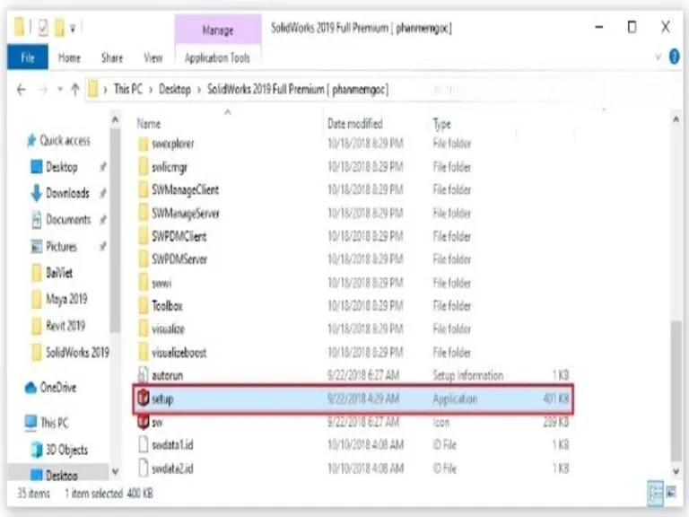 Link tải đầy đủ và hướng dẫn cài Solidworks 2019 - Đã test 7 Chạy file setup.exe