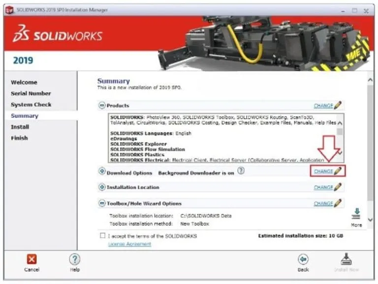 Link tải đầy đủ và hướng dẫn cài Solidworks 2019 - Đã test 10 trong phần Download options chọn Change