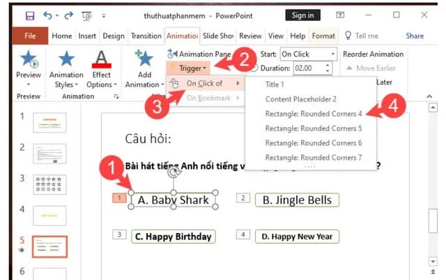 Hướng dẫn cách tạo trò chơi trên PowerPoint 6 Sử dụng trigger với từng đáp án